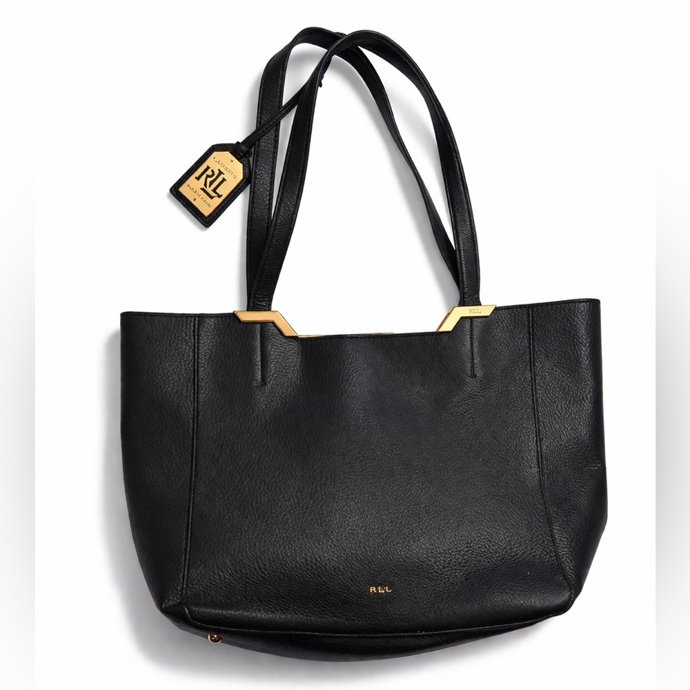 Lauren Ralph Lauren Black Pebbled Leather Tote Bag Gold Hardware